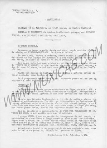 03 1984 Carta anunciadora concerto Muxicas e Ricardo Portela en Valladares o 12-02-1984